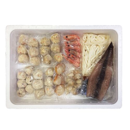 北海道 海鮮つみれ鍋 Cセット(かに入×6、えび入×6、とりごぼう×6、たこ入×6、海老×6、帆立×3、いか×1、つぶ×1袋、冷凍うどん×1)