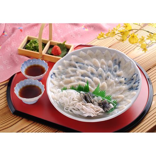 山口 下関 「河久」 ふく刺し Aセット (とらふぐ刺し130g 30cm高台皿盛)