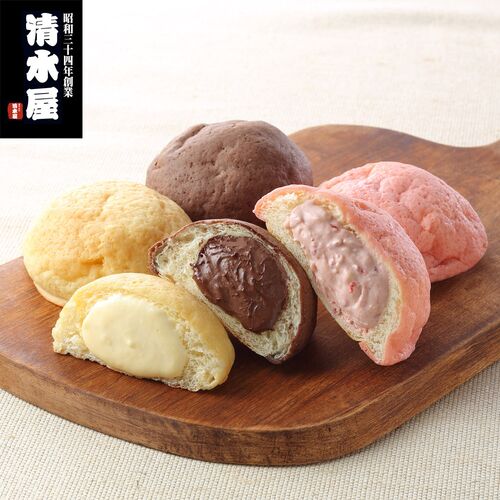岡山 「清水屋」 生クリームパンセット 6個 (カスタード・チョコ・イチゴ×各2個)